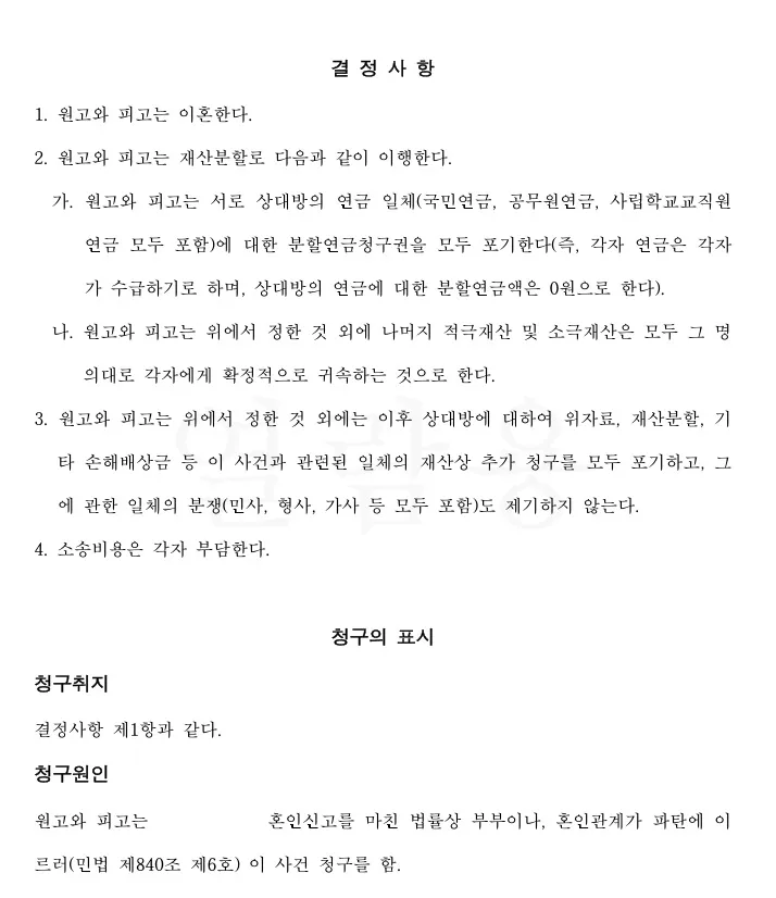 화해권고결정문 — 결정사항: 이혼, 연금 분할청구권 포기, 각자 명의 재산 귀속